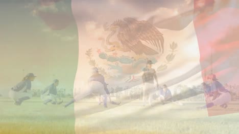 animation of flag of mexico over diverse female rugby players