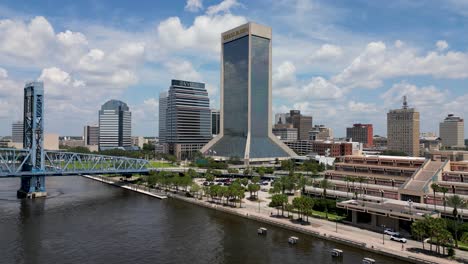 downtown jacksonville florida viewed from stationary drone near main street, john t alsop, bridge over st johns river