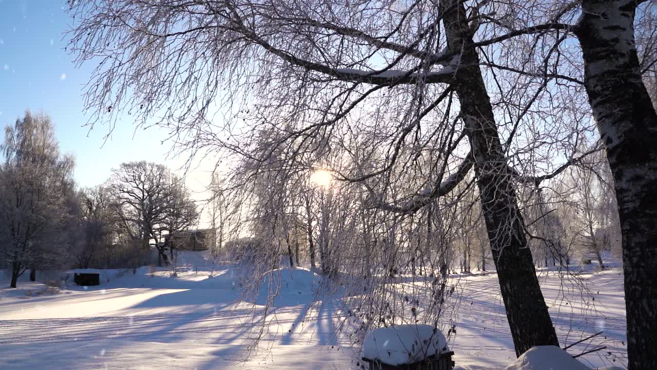 estanque de agua congelada cubierto de nieve en un día de invierno nevado, vista estática