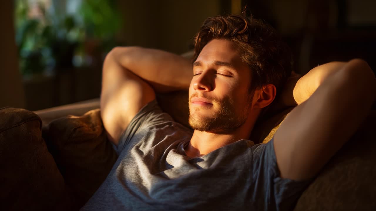 Relax e serenità: un giovane uomo si gode il caldo bagliore della luce del sole mentre si riposa su un divano con gli occhi chiusi, abbandonandosi alla pace e alla tranquillità
