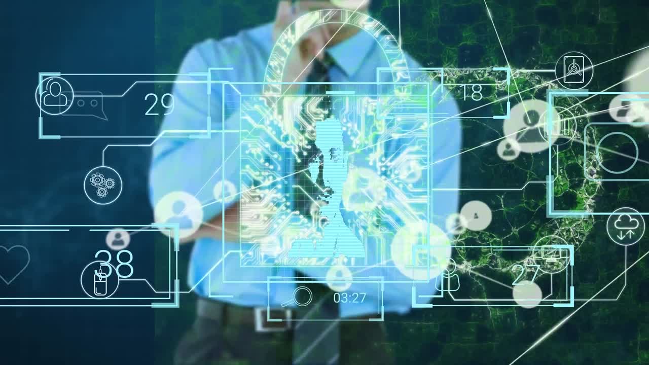 animación de procesamiento de datos y personas iconos sobre empresario caucásico