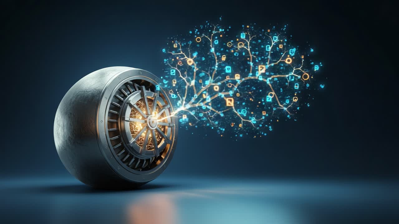 A fusion of technology and creativity: a dynamic metal sphere with a vibrant network of glowing digital nodes and connections streaming from its center, symbolizing innovative ideas