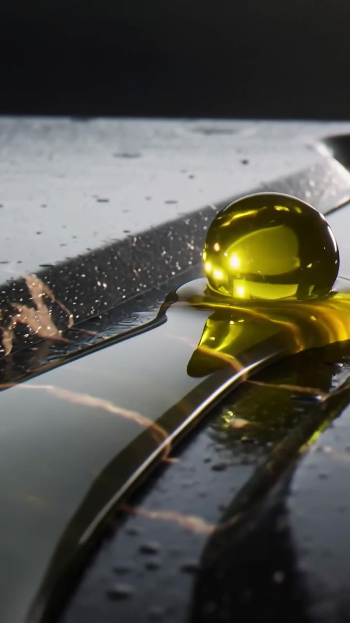 Video verticale: Contatto che si espande inviando una gocciolina giallo-verde sulla pietra, lasciando una scia lucida