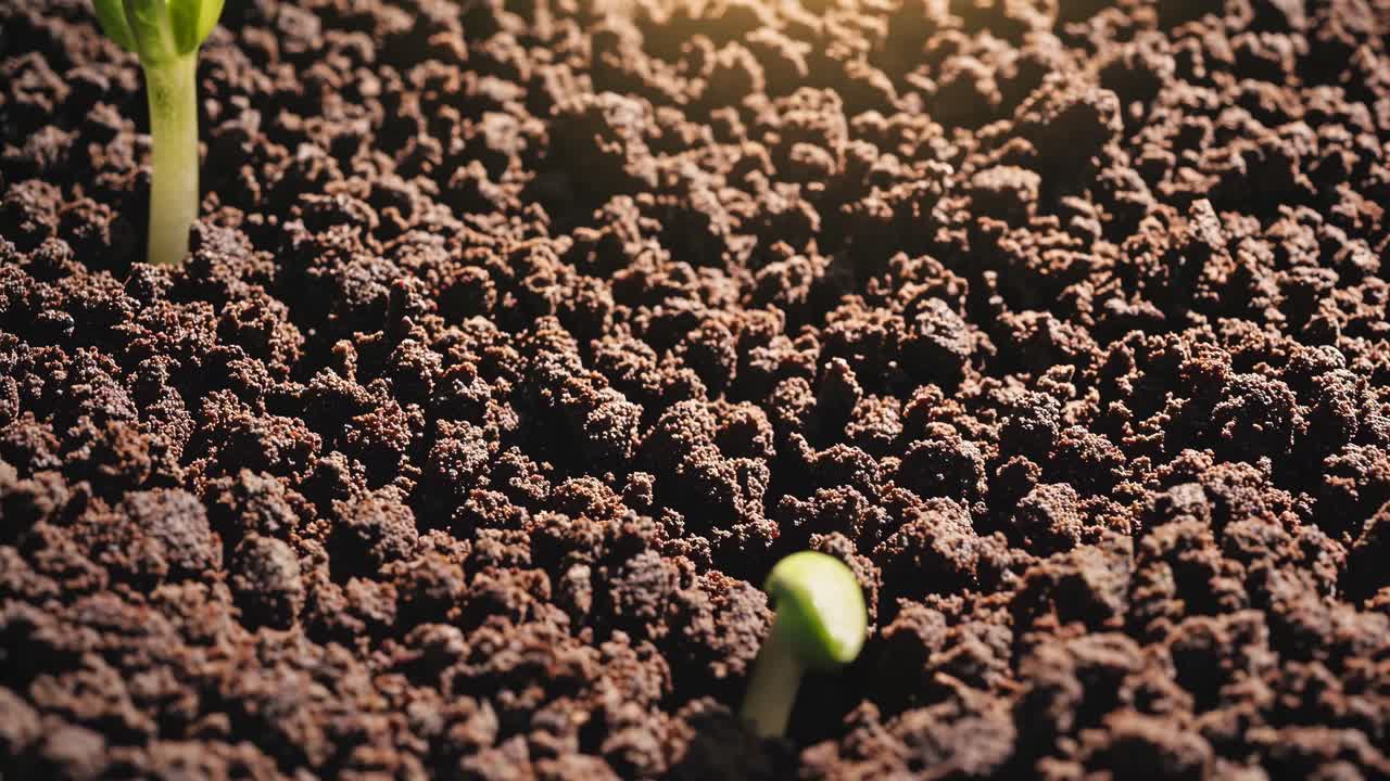 Vídeo em close-up de mudas germinando do solo, filmado de um ângulo baixo