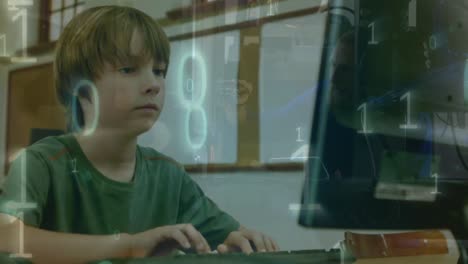 Animation-Von-Binärcode-über-Einem-Kaukasischen-Jungen,-Der-Einen-Computer-Benutzt