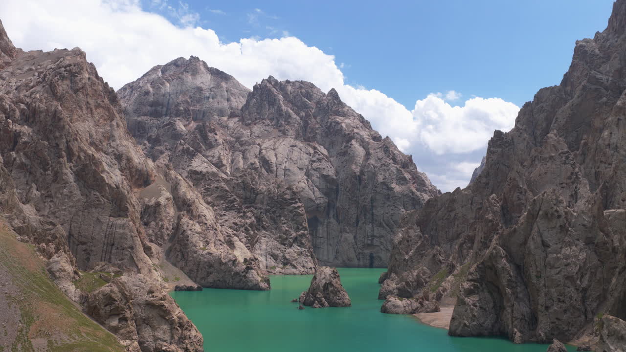 Majestic Kakshaal Too Mountain Range In Kel-Suu Lake In Kyrgyzstan. Aerial Shot