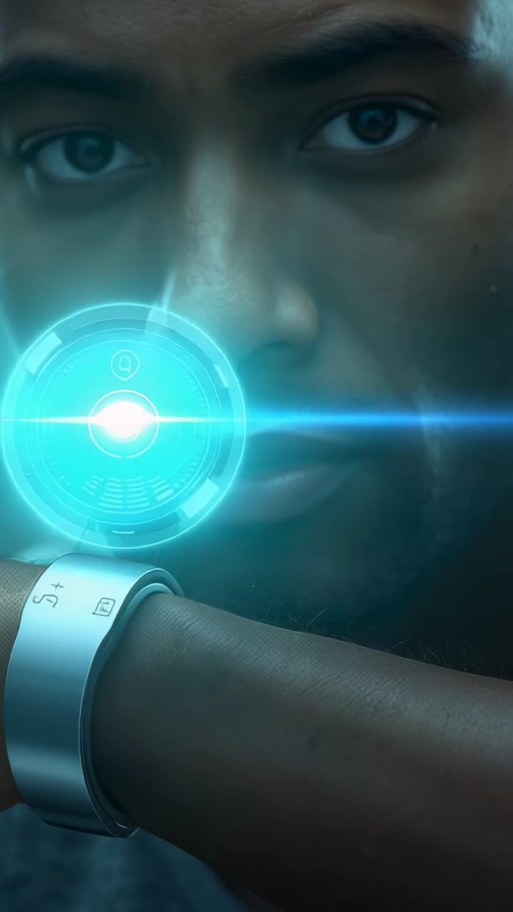 Vertical video: Holding wrist near face, man studying silver band emitting cyan hologram in studio