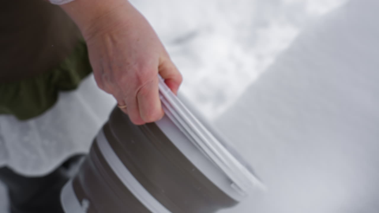 Plant lover packing snow into bucket with bare hands while walking toward deep snow heap, wearing green ruffled dress and brown apron over boots, footsteps left in crisp white snow under overcast sky