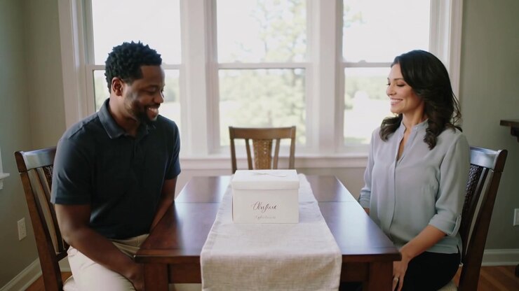 Walking man in polo holding white box placing on dining runner, woman in blouse inspecting delivery