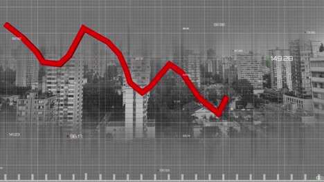 animation of financial data processing over cityscape