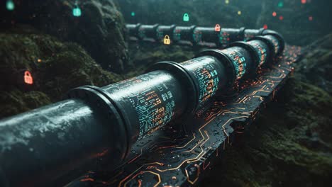 underwater cybersecurity visualization: a futuristic scene of pipes integrated with circuitry and digital locks in a mystical, moss-covered environment