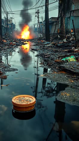 urban decay reflected in polluted water during an industrial fire