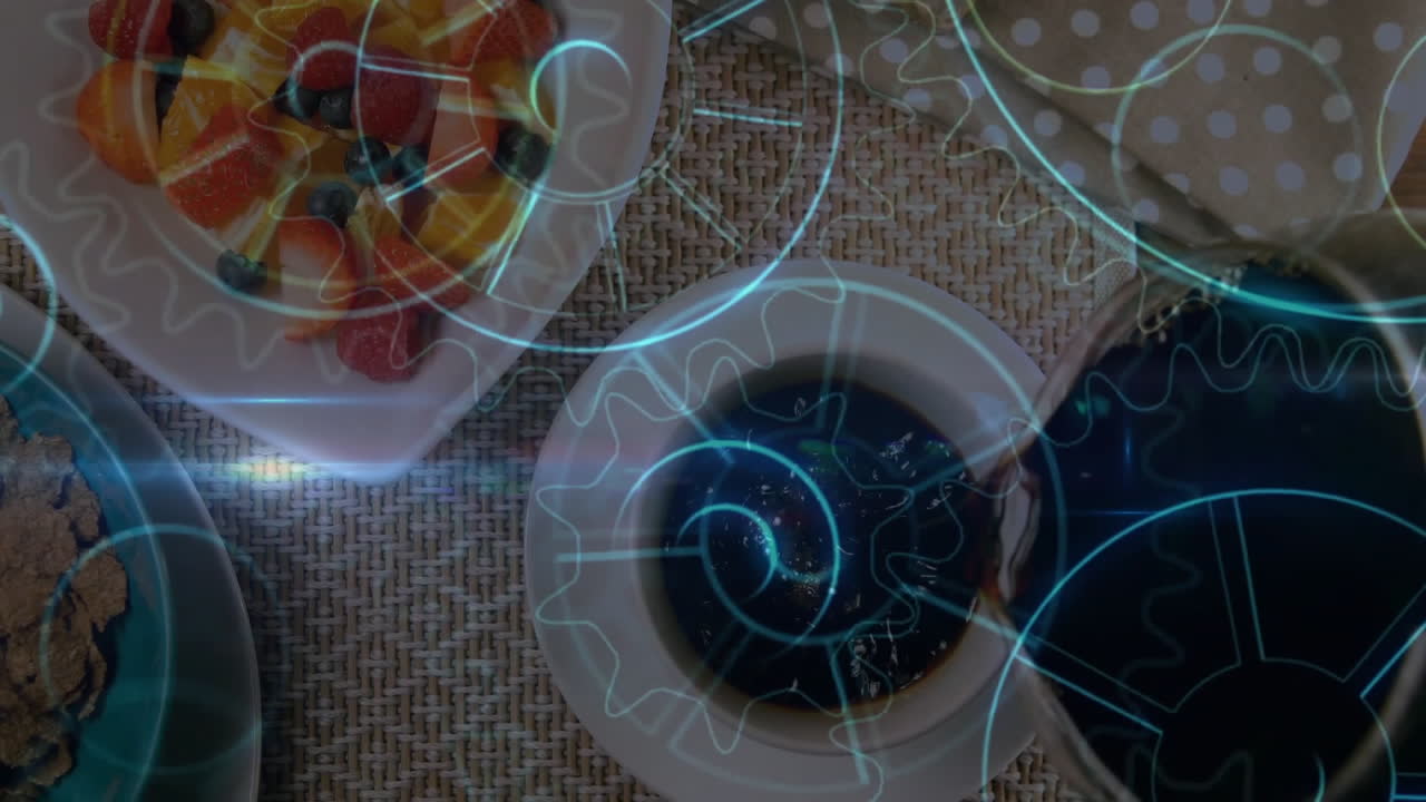 Overhead breakfast setup getting animated in 3D render showing coffee pouring and holographic gears