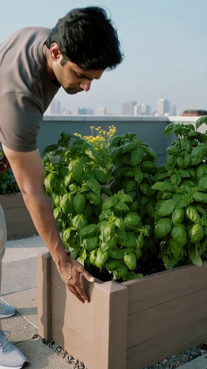 Vertical video: Approaching roof planter, man in tee inspecting basil leaves, checking plant health