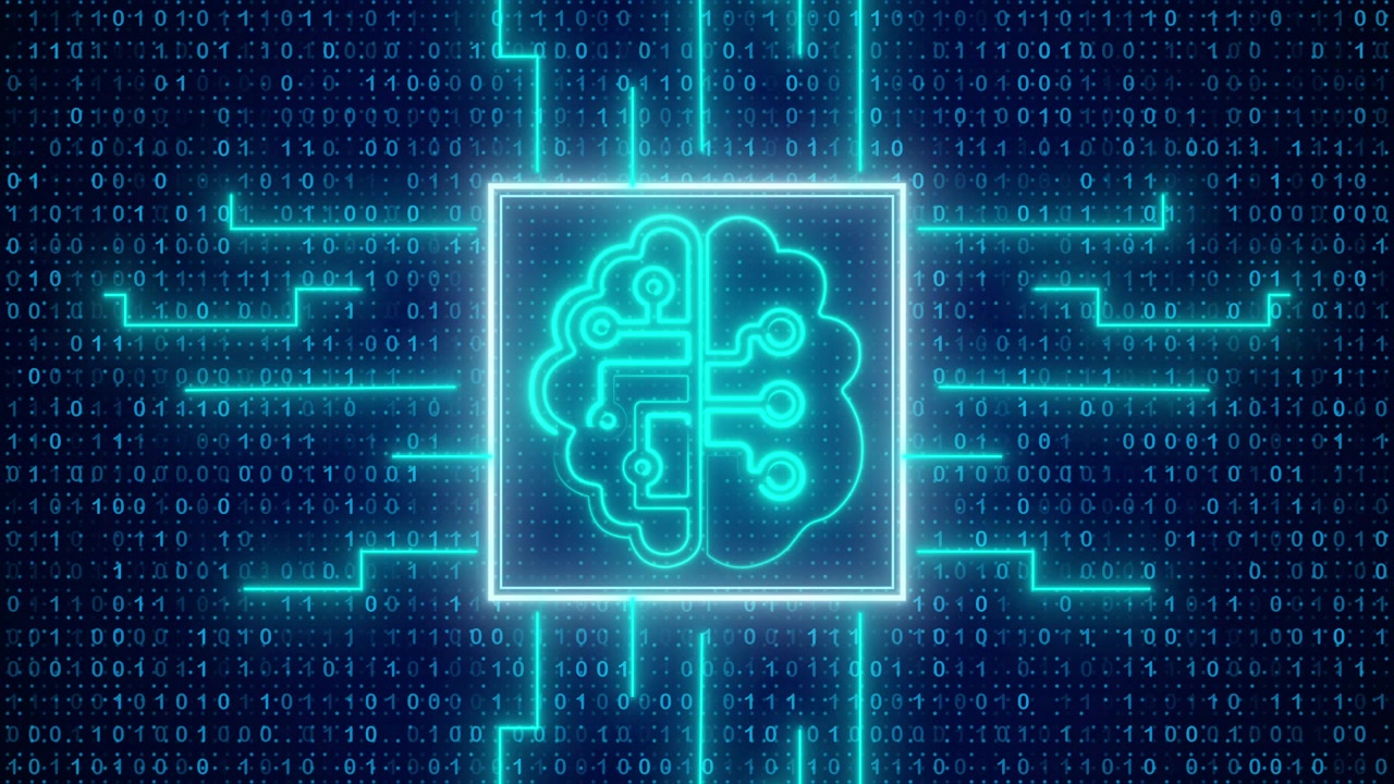 Neon Artificial Intelligence Brain Icon with Digital Binary Code Background