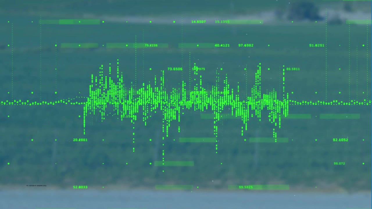 Incoming audio arriving, green waveform growing, spiking, and densifying, visualizing coastal sound