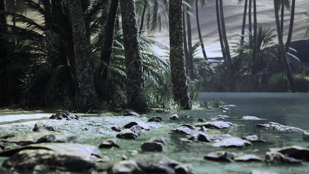 Serene tropical landscape with palm trees and rocky shoreline by peaceful water