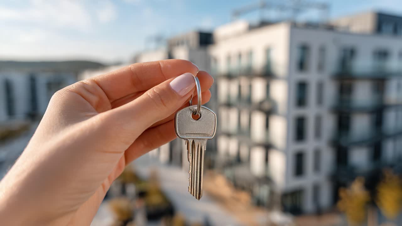 Una mano che stringe delle chiavi su uno sfondo sfocato di un edificio moderno, a simboleggiare nuovi inizi e opportunità nella vita urbana