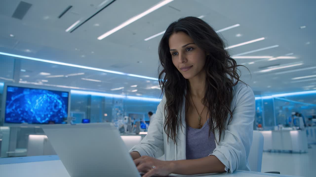 A focused researcher engaged in her work within a modern laboratory setting, showcasing advanced technology and a collaborative environment with digital displays