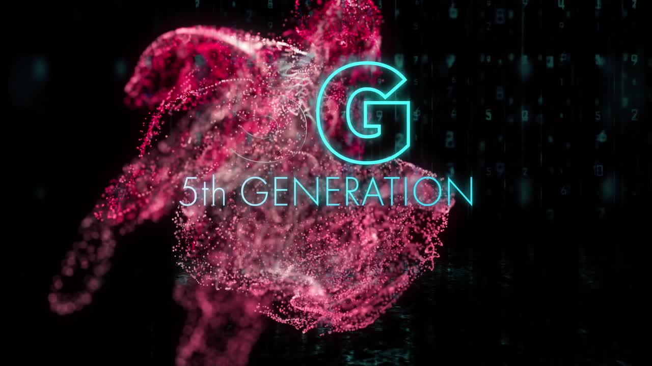 Animation of 5th generation text over glowing moving wave