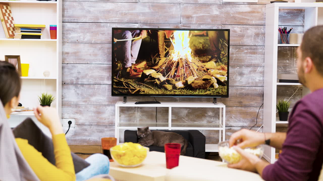 Couple watching campfire on TV