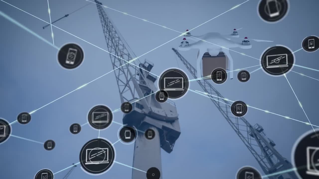 animación de la red de conexiones con iconos sobre drones con paquetes y astilleros