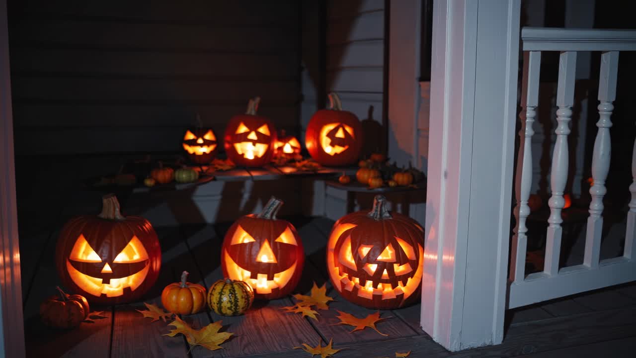 Low-angle video shot of a porch with glowing jack-o'-lanterns, creating a spooky Halloween