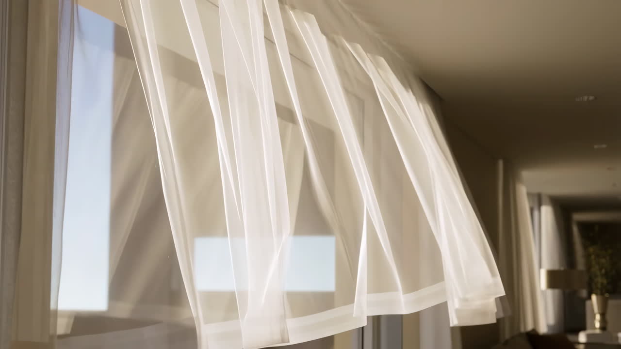 White Sheer Curtains Blowing Gently in the Breeze by a Window