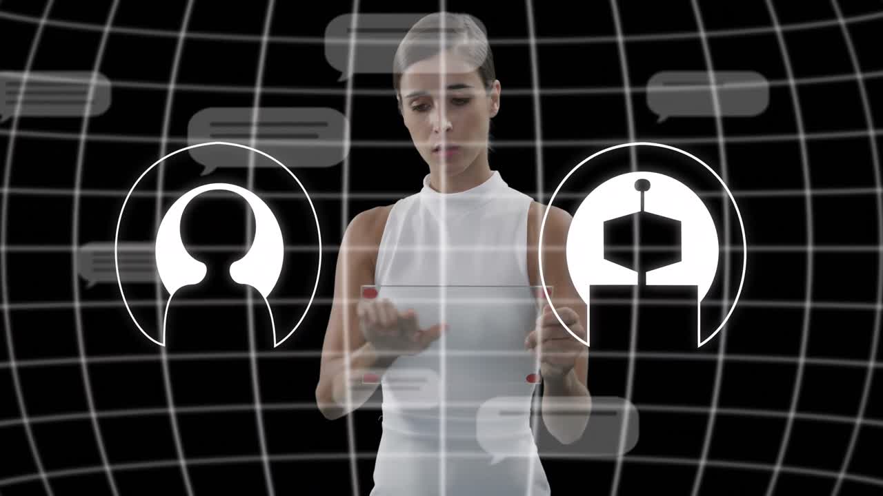 태블릿을 사용하는 백인 사업가 여성에 대한 데이터 처리 아이콘의 애니메이션