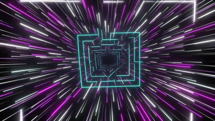 Abstract Neon Square Tunnel with Glowing Light Streaks