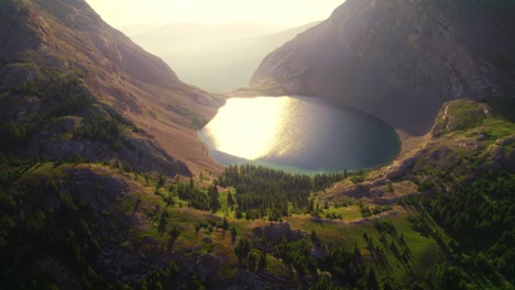 aerial sunset of carnarvon lake, kananaskis, alberta, canada