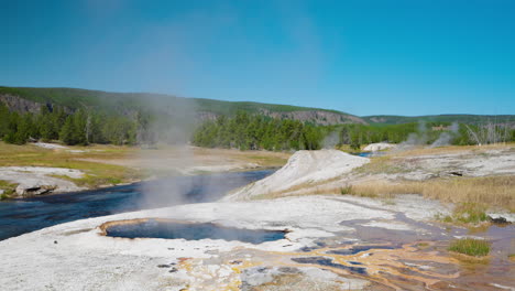 steaming hot springs and river in a geothermal landscape