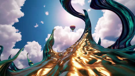 surreal skycapes with metallic organic forms and hot air balloons