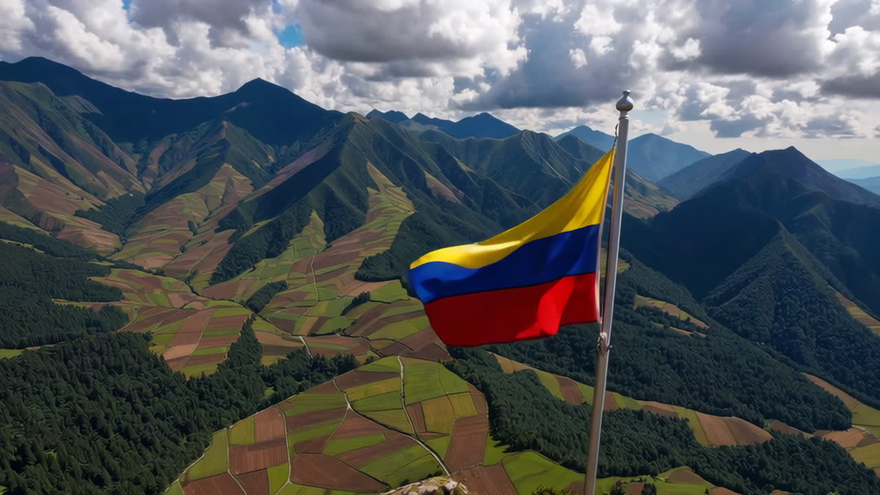 Colombian Flag over Mountainous Landscape