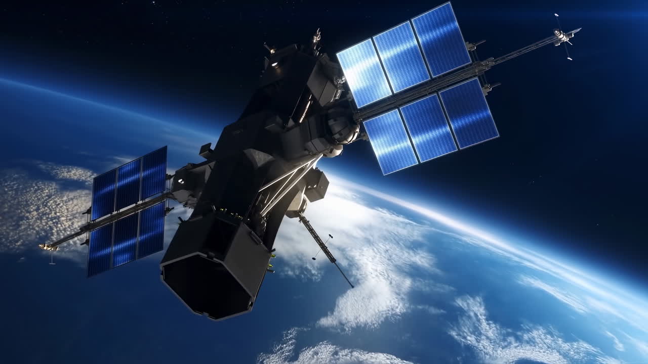 Satellit i kredsløb om Jorden med solpaneler. Cinematisk udsigt til rumfartøj over buet atmosfære, sollys.
