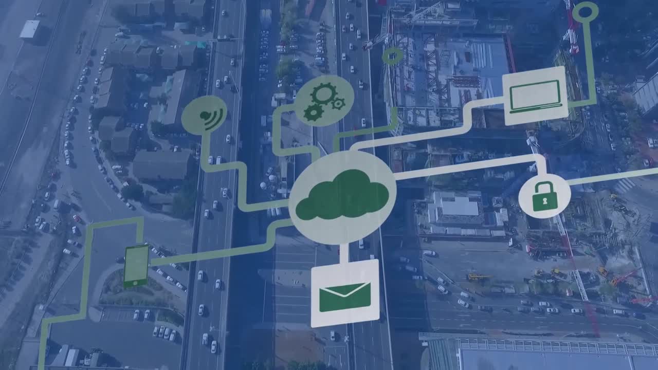 red de múltiples iconos digitales contra una vista aérea del paisaje urbano