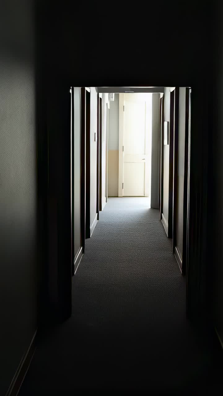 Vertical video: Flooding carpeted corridor, doorway light appearing then fading, showing door jambs