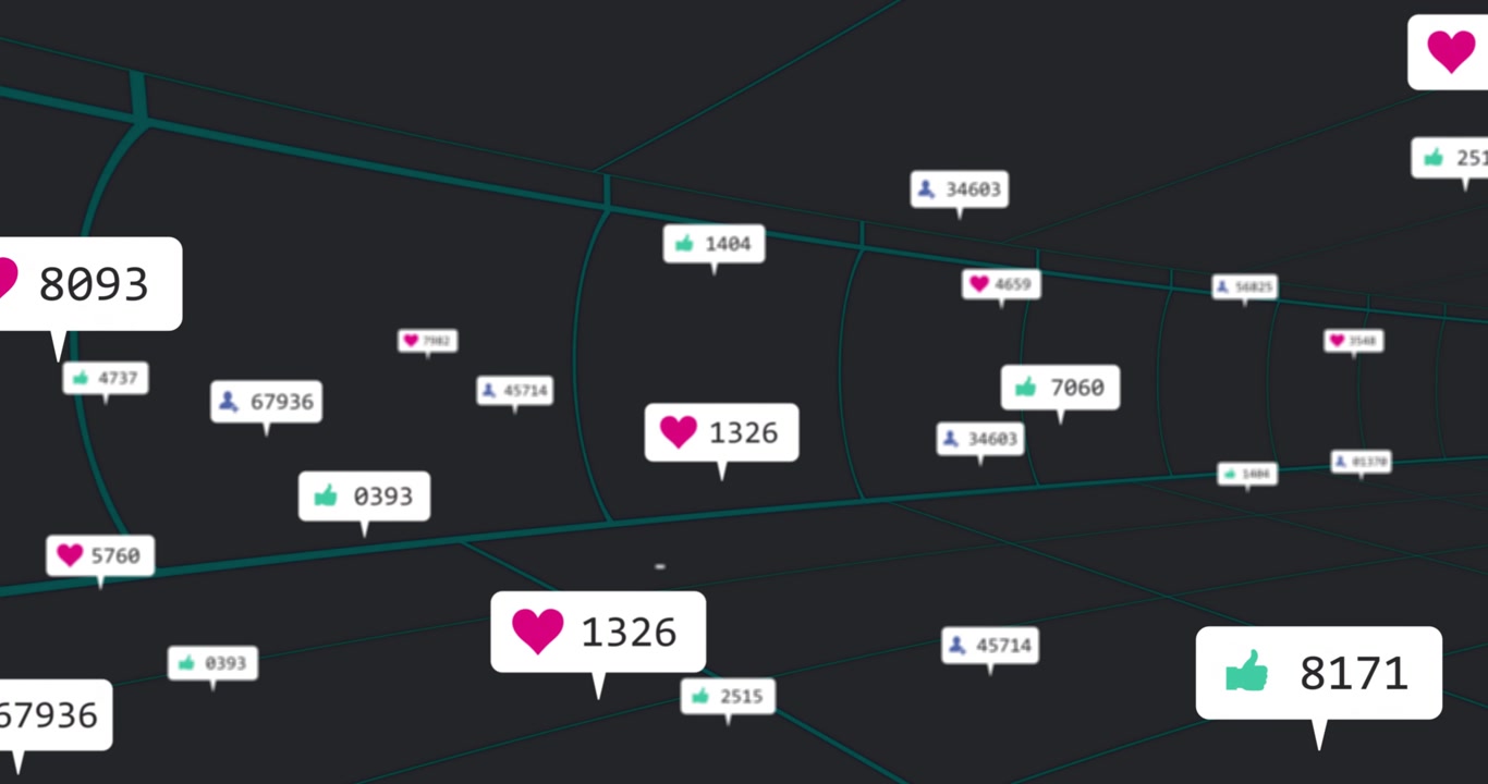 Floating animation of social media icons with likes and comments over digital grid