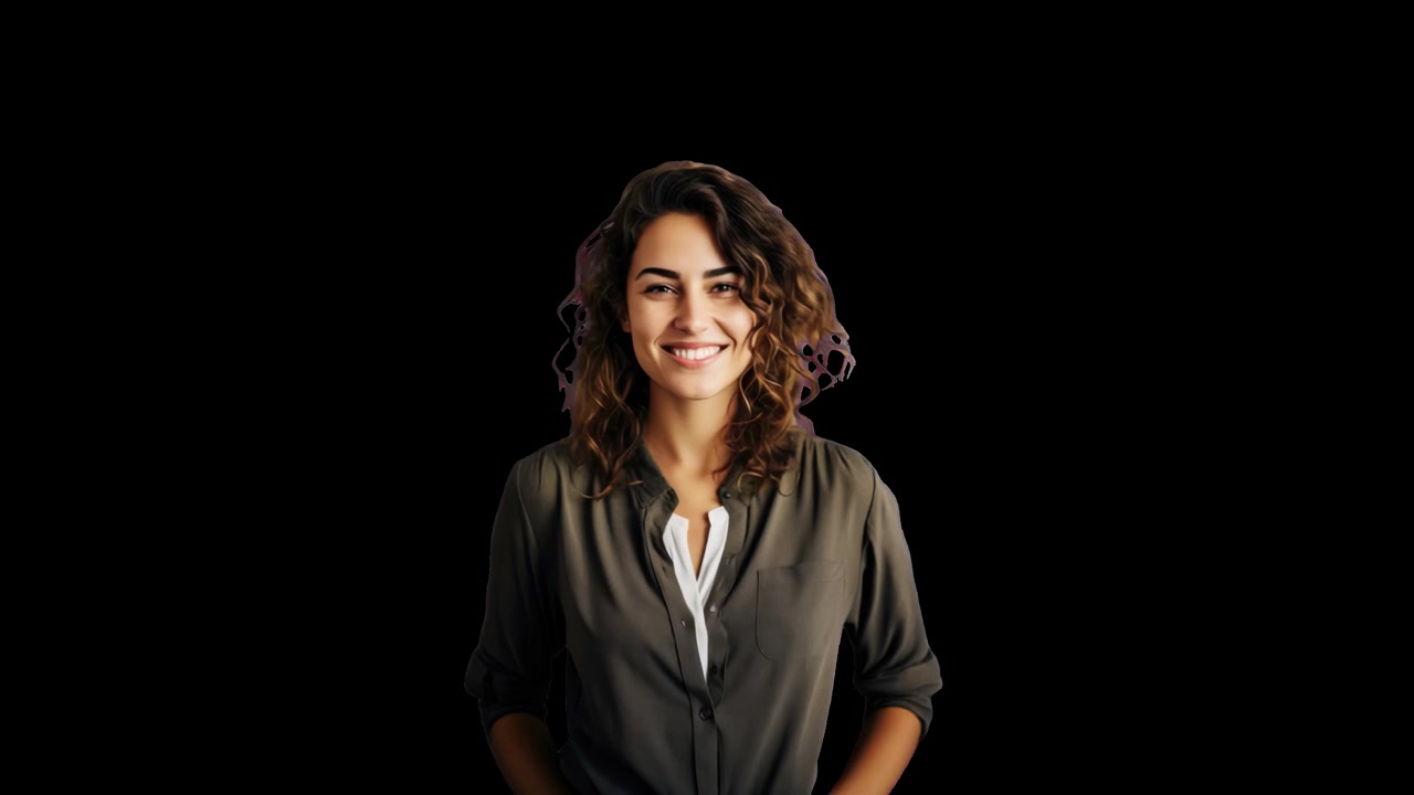 Giovane donna sorridente che saluta con la mano su sfondo nero.