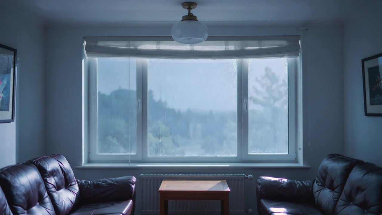 Viser et tre-ruders vindue i stuen, der fanger lynblink og regn, med rullegardin der hæves og sofaer.