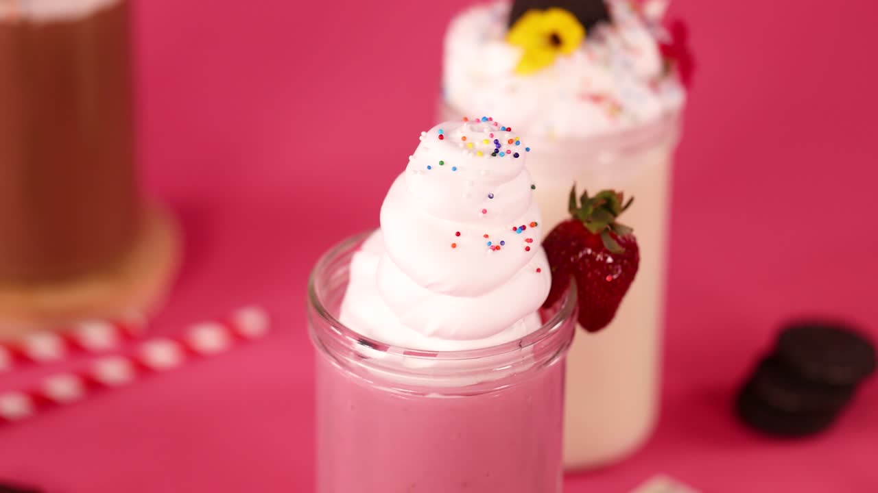 Sprinkles fall onto whipped cream-topped strawberry milkshake, bright pink background, colorful dessert drinks