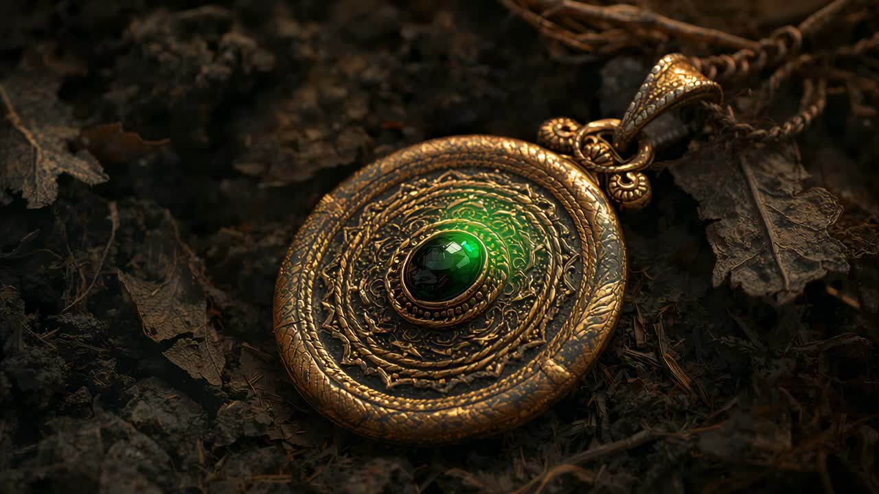Gema de colgante brillante que palpita desde un tenue punto verde, iluminando la hojarasca con un halo cian