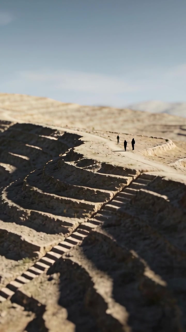Video verticale: Panoramica che mostra un trio in cappotti scuri che cammina su un crinale seguendo un sentiero a gradini, con spazio per il testo.