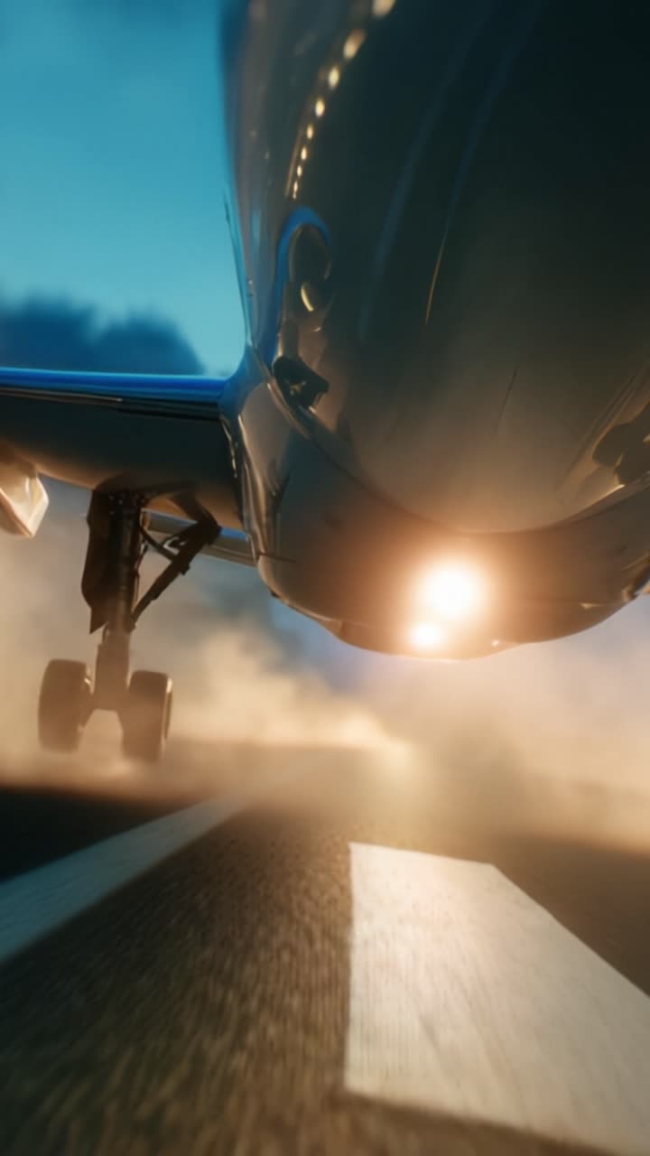 Un primo piano del carrello di atterraggio di un aereo che si avvicina a una pista all'alba, mostrando i dettagli del velivolo e l'atmosfera di viaggio e movimento.