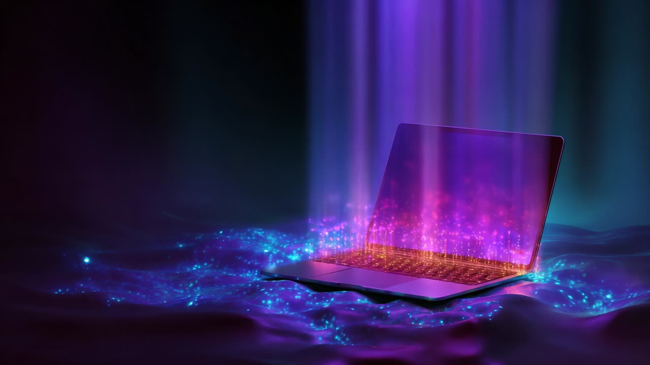 A captivating visual of a laptop emitting vibrant beams of light and shimmering patterns amidst a mystical water-like backdrop, creating an enchanting and futuristic ambiance that draws viewers in
