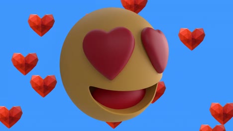 Animation-of-smiling-emoji-icon-with-red-hearts-with-red-heart-icons-on-blue-background