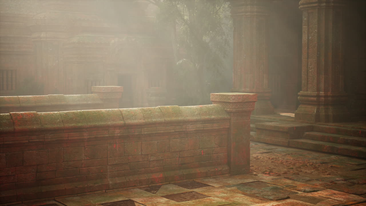 Sunrise at secluded mayan temple ruins in jungle