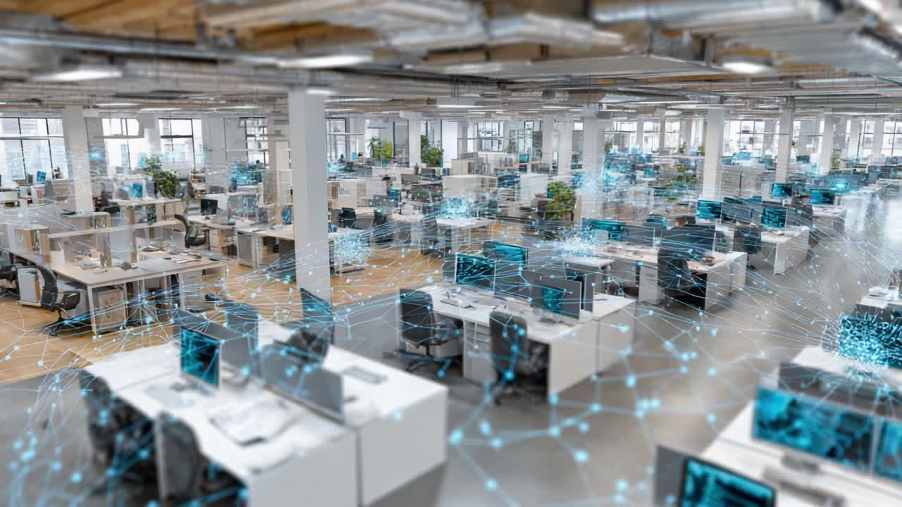 A Modern Office Workspace with Advanced Technology Integration: Explore the Connectivity and Innovation in a Spacious, Collaborative Environment