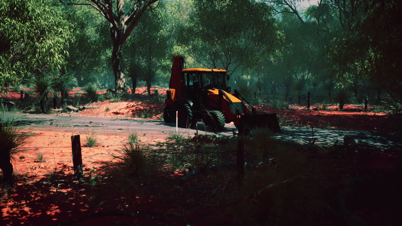 덤불 숲 에 있는 발굴기 트랙터