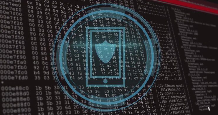 Animation of shield icon and digital data processing over computer servers